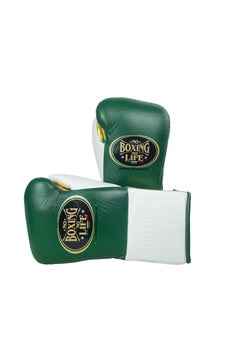 No Boxing No Life Boxing Gloves - Professional Lace-Up Gloves in Forest Green, White & Gold Edition - PunchPro Boxing