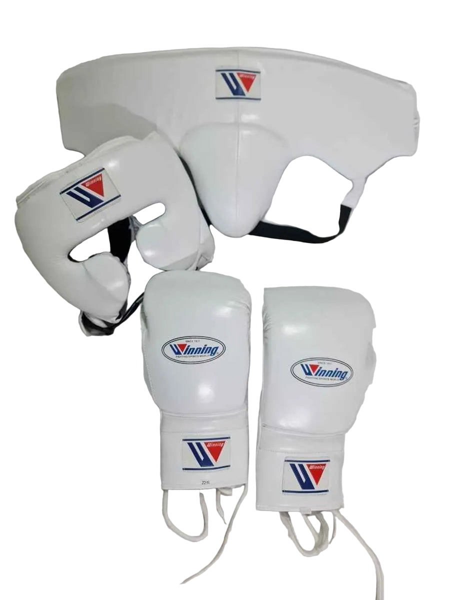 Winning Professional Boxing Training Set - White (Gloves, Headgear & Groin Guard) - PunchPro Boxing