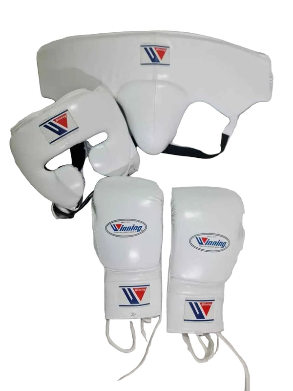 Winning Professional Boxing Training Set - White (Gloves, Headgear & Groin Guard) - PunchPro Boxing