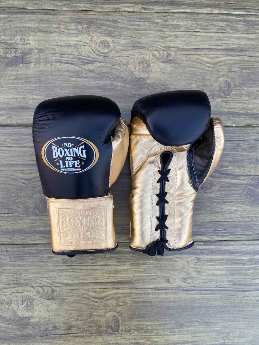 No Boxing No Life Gloves Set - Professional Gloves, Headguard, and Groinguard Set in Black & Metallic Gold Custom Edition - PunchPro Boxing