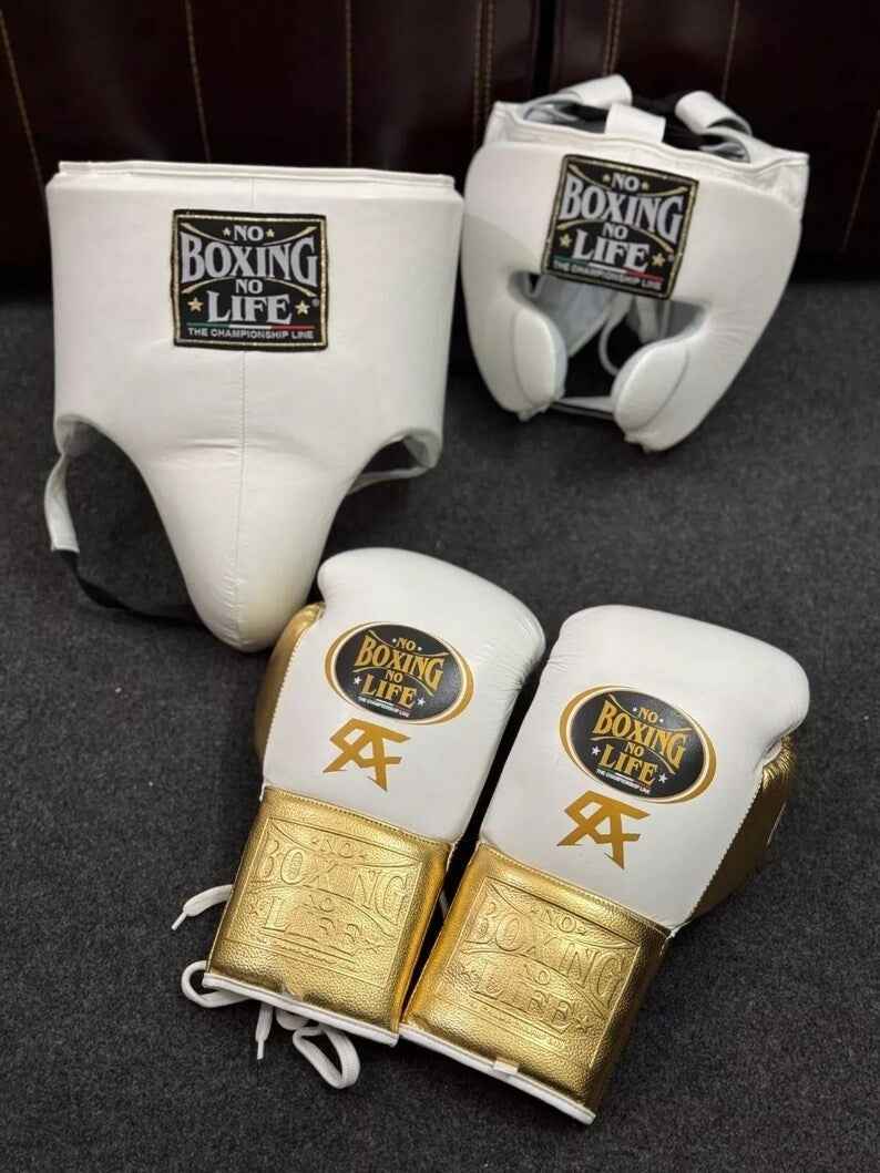 No Boxing No Life Boxing Gear Set - Professional Gloves, Headguard, and Groinguard Set in White & Metallic Gold Custom Edition - PunchPro Boxing