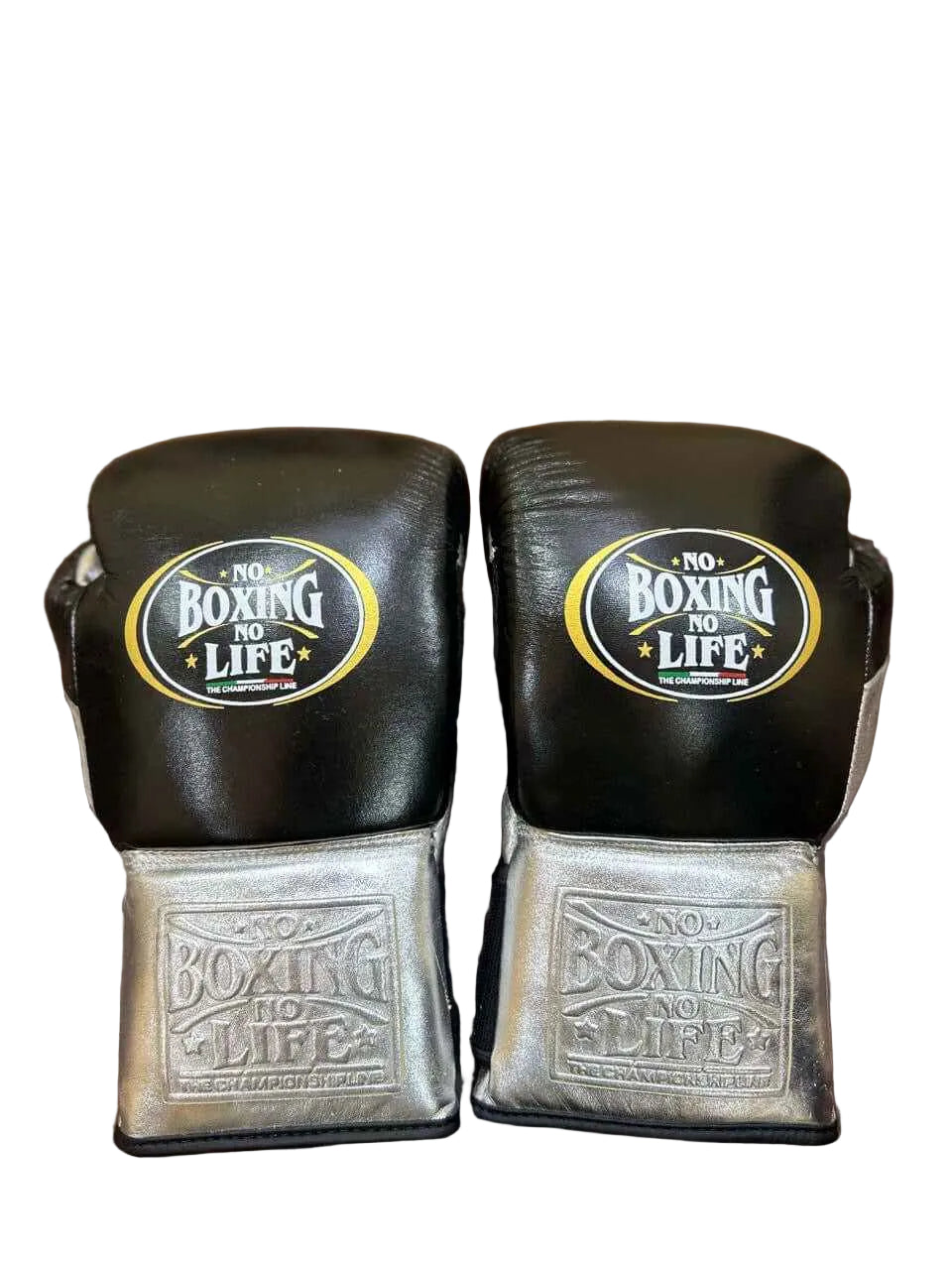 No Boxing No Life Boxing Gloves - Professional Lace-Up Design, Black & Metallic Silver Edition - PunchPro Boxing
