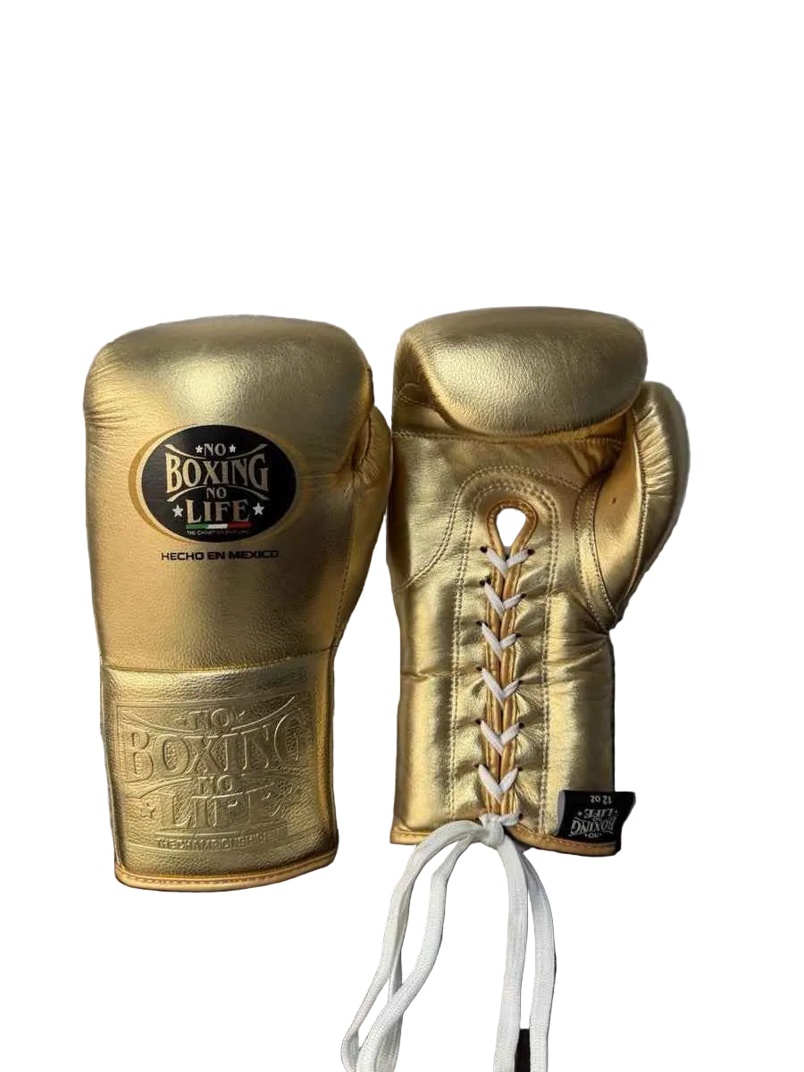 No Boxing No Life Professional Lace-Up Boxing Gloves - Metallic Gold Edition - PunchPro Boxing