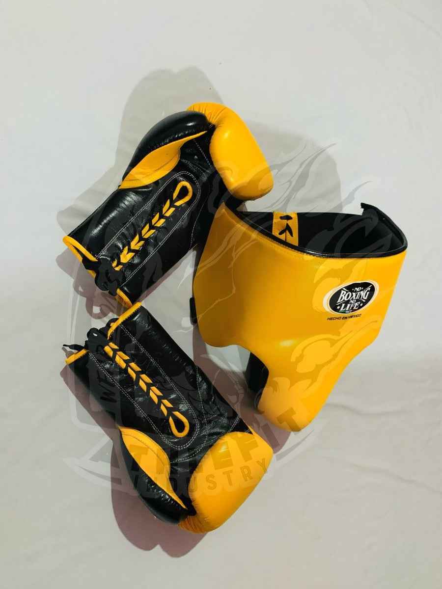 No Boxing No Life Professional Gloves, Headguard, and Groinguard Set - Mustard Yellow & Black Custom Edition - PunchPro Boxing
