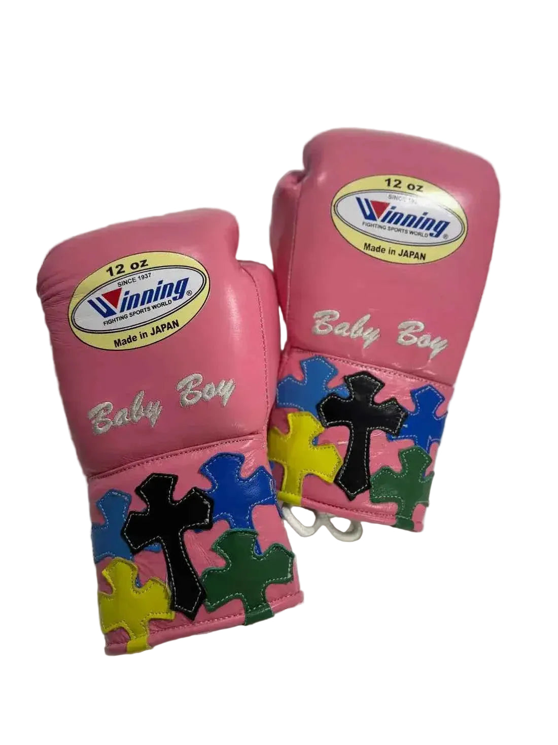 Winning Professional Lace-Up Boxing Gloves - Custom Pink with Cross Patchwork - PunchPro Boxing