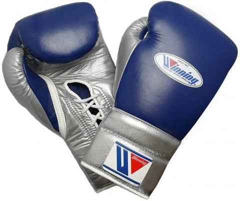Winning Professional Navy Blue Boxing Gloves - Custom Lace-Up Design in Silver - PunchPro Boxing