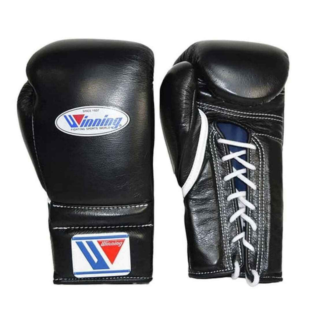 Pair of black boxing gloves with white laces on a white background, featuring the Winning logo.