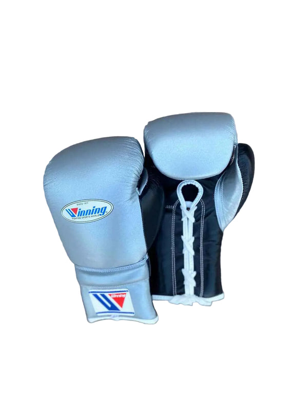 Winning Professional Lace-Up Boxing Gloves - Silver & Black - PunchPro Boxing