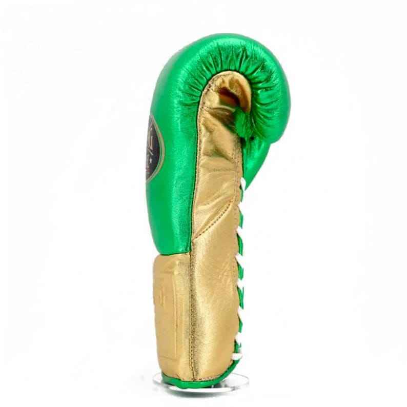 No Boxing No Life Professional Lace-Up Boxing Gloves - Metallic Lime Green & Gold Edition - PunchPro Boxing
