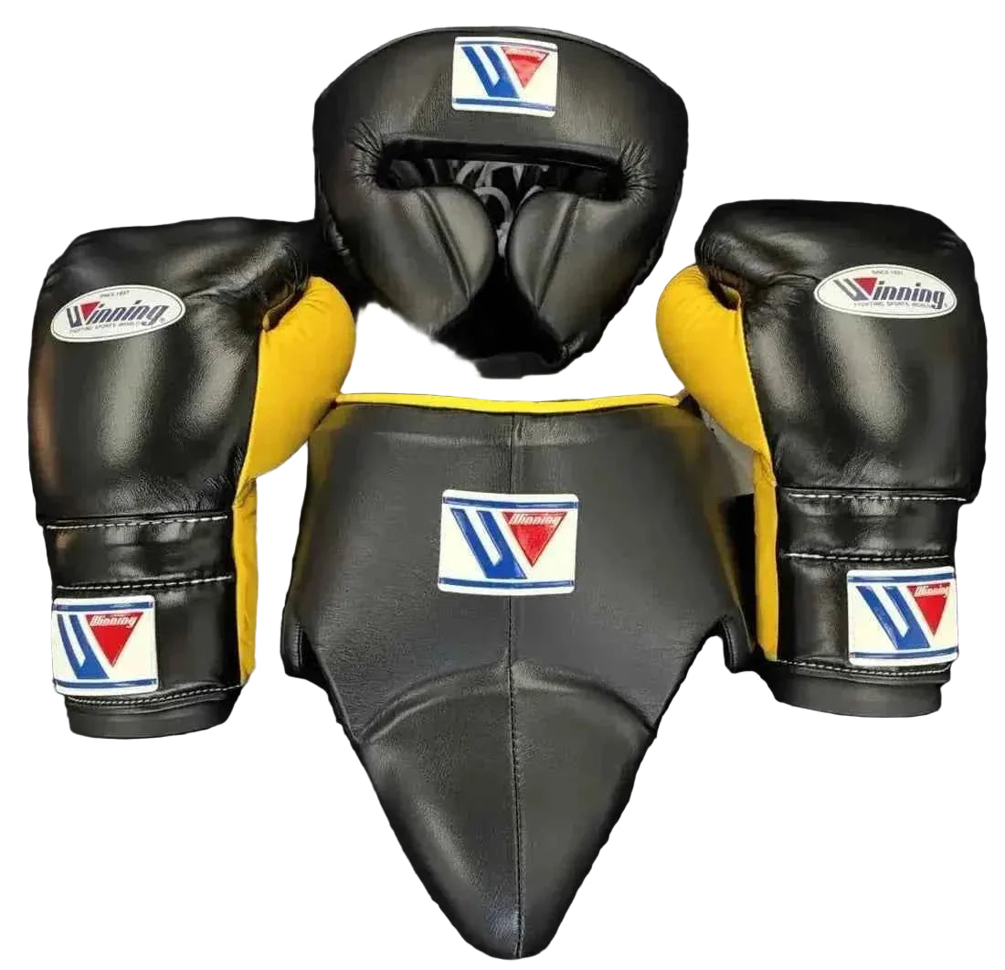 Winning Professional Boxing Training Set - Custom Black & Metallic Gold (Gloves, Headgear & Groin Guard) - PunchPro Boxing