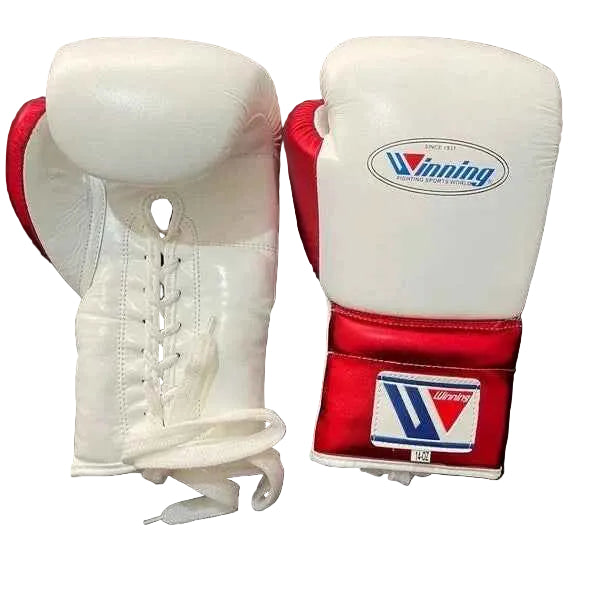Winning Professional Boxing Gloves White/Red | Japanese Made Lace-Up Training & Sparring Gloves - PunchPro Boxing