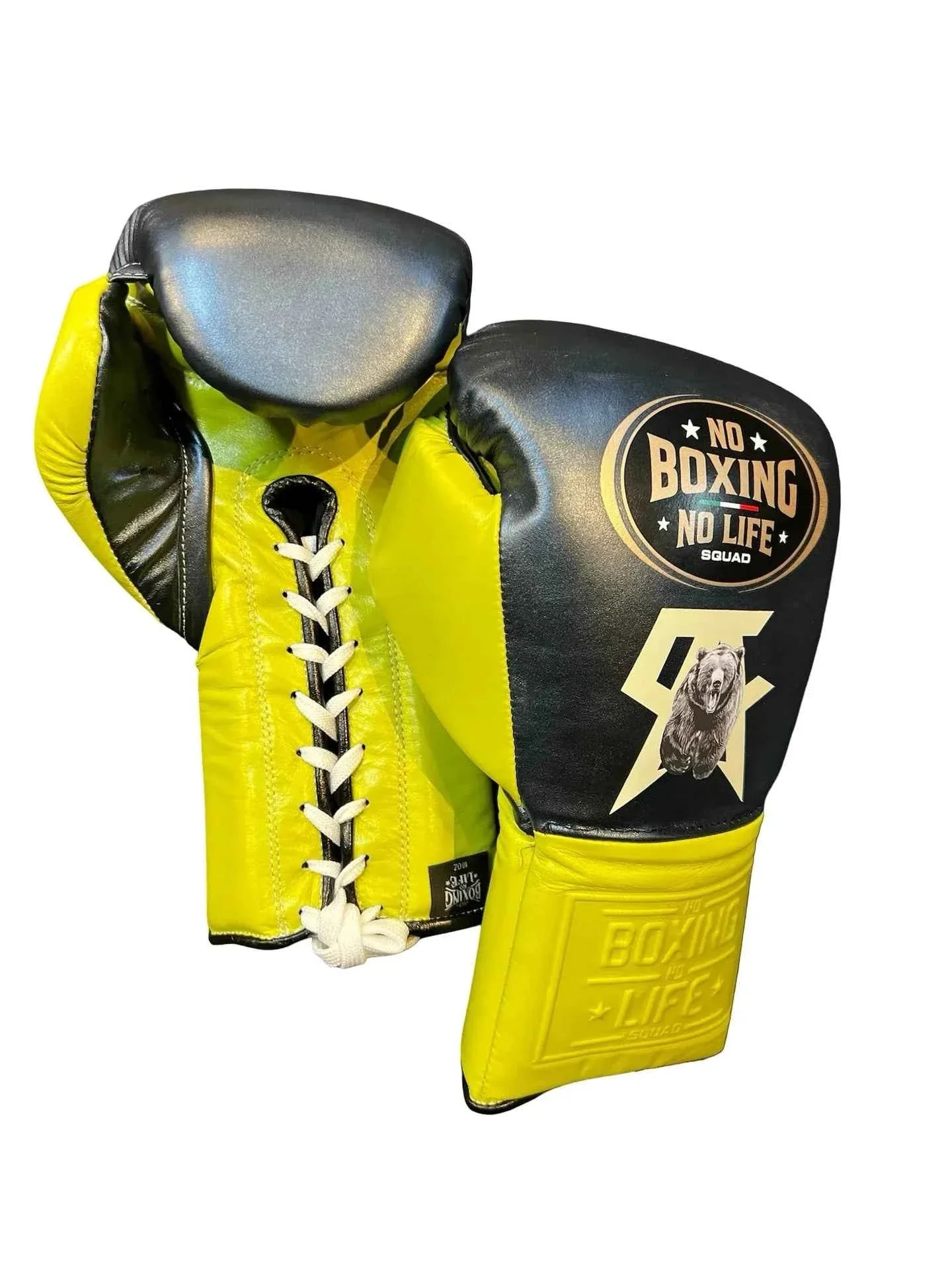 No Boxing No Life Boxing Gloves - Professional Lace-Up Black & Lime Green "Squad" Edition - PunchPro Boxing
