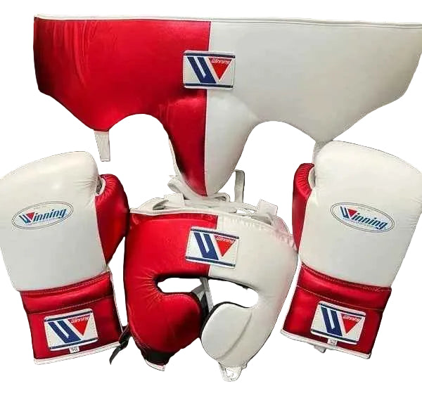 Winning Professional Boxing Training Set - Custom Metallic Red & White (Gloves, Headgear & Groin Guard) - PunchPro Boxing