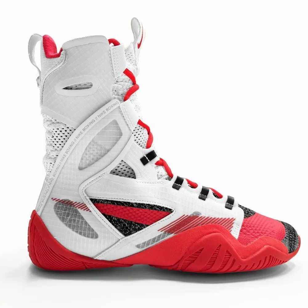 Nike HyperKo 2 boxing shoes in white and bright crimson red featuring a high-top exoskeleton support frame and split sole.