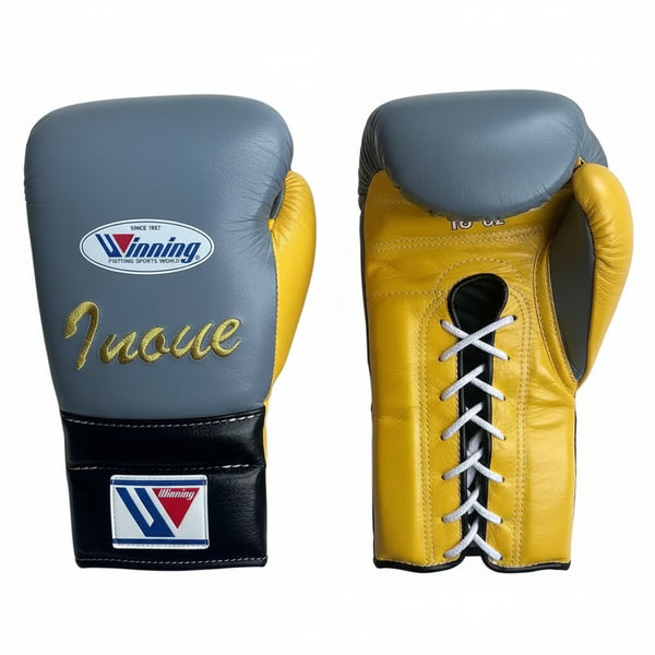 Winning Lace-Up Boxing Gloves - Custom Grey & Yellow Professional Boxing Gear - PunchPro Boxing