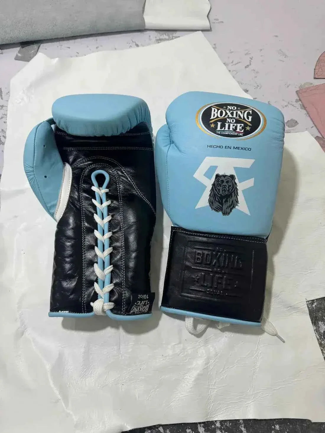 No Boxing No Life Professional Lace-Up Boxing Gloves - Sky Blue & Black Edition - PunchPro Boxing