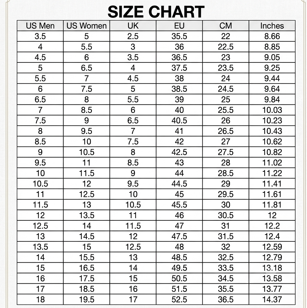 A size chart table with columns labeled US Men, US Women, UK, EU, CM, and Inches, headed by the title 'SIZE CHART'.