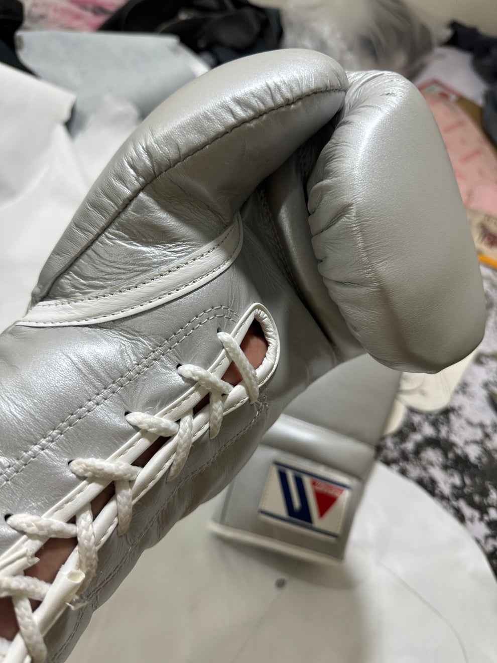 Winning Metallic Silver Lace-Up Boxing Gloves | Premium Japanese Professional Training & Sparring Gloves - PunchPro Boxing