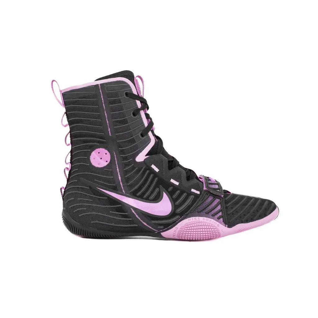 A pair of Custom Nike HyperKO boxing shoes in a black and pink colorway, featuring a pink forefoot lockdown strap and a pink Nike Swoosh, displayed on a white background.