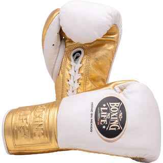 No Boxing No Life Professional Lace-Up Boxing Gloves - White & Metallic Gold Edition - PunchPro Boxing
