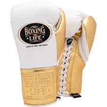 No Boxing No Life Professional Lace-Up Boxing Gloves - White & Metallic Gold Edition - PunchPro Boxing