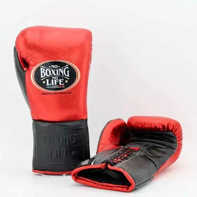 No Boxing No Life Lace-Up Gloves - Metallic Red & Black Custom Edition - PunchPro Boxing