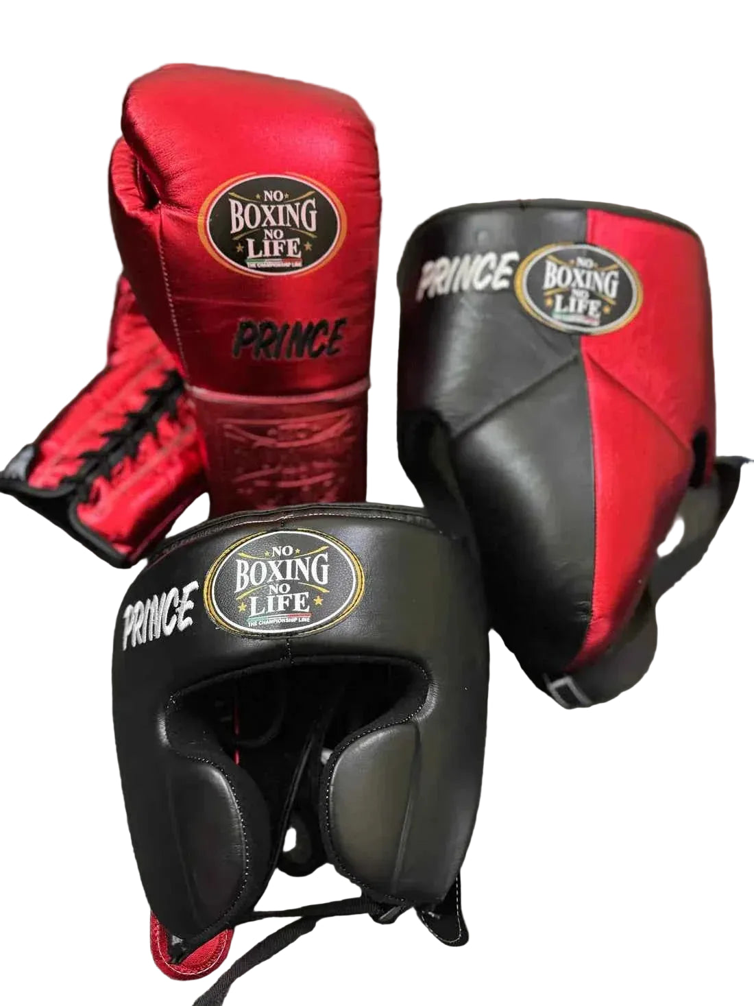 No Boxing No Life Training Set - Professional Custom Gloves, Headguard, and Groinguard in Metallic Red & Stealth Black - PunchPro Boxing