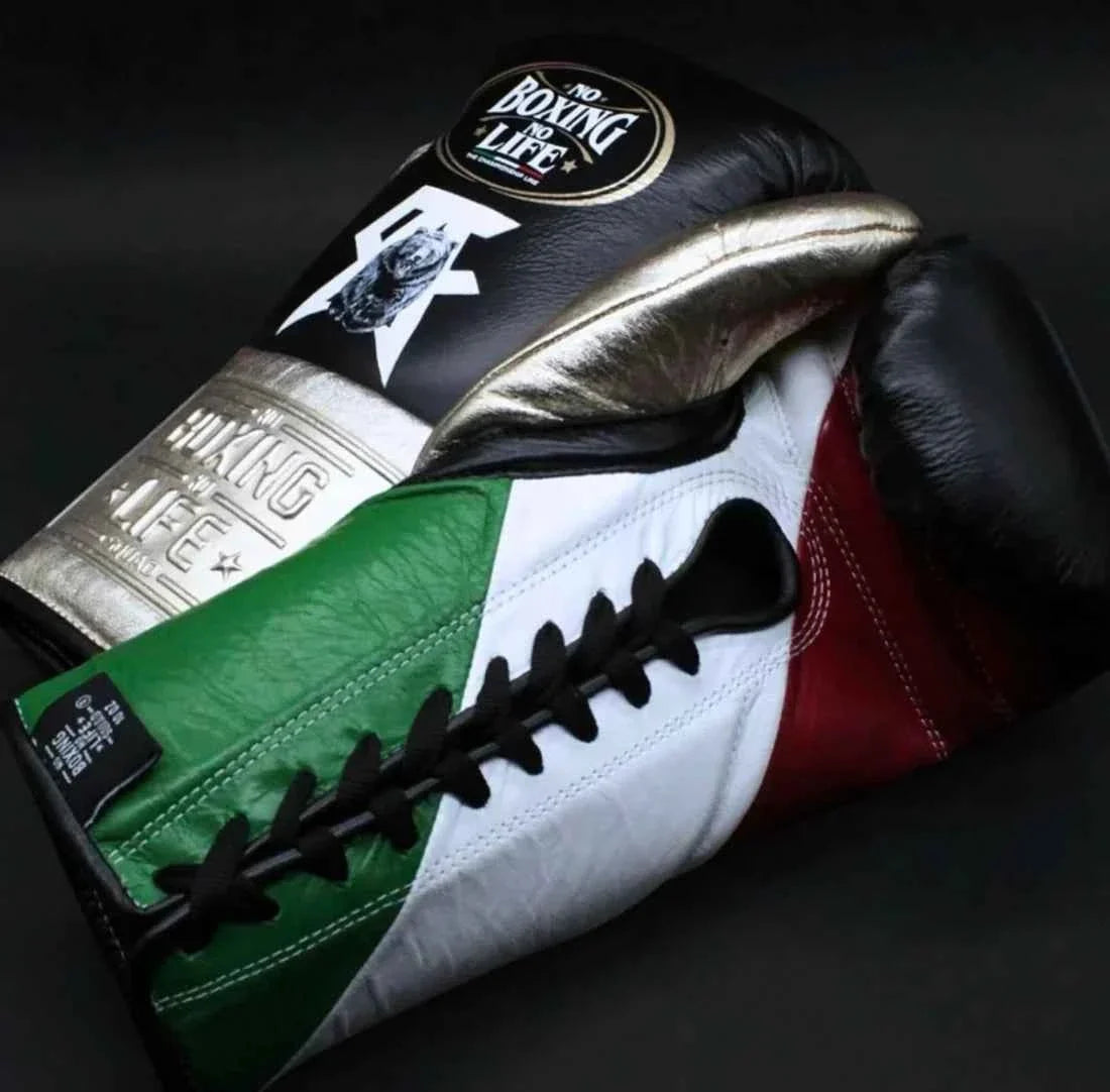 No Boxing No Life Professional Lace-Up Gloves - "Grizzly" Custom Mexican Flag Edition - PunchPro Boxing