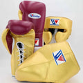 Winning Japan Training Set - Professional Custom Gloves, Headguard, and Groinguard in Wine Red & Metallic Gold - PunchPro Boxing