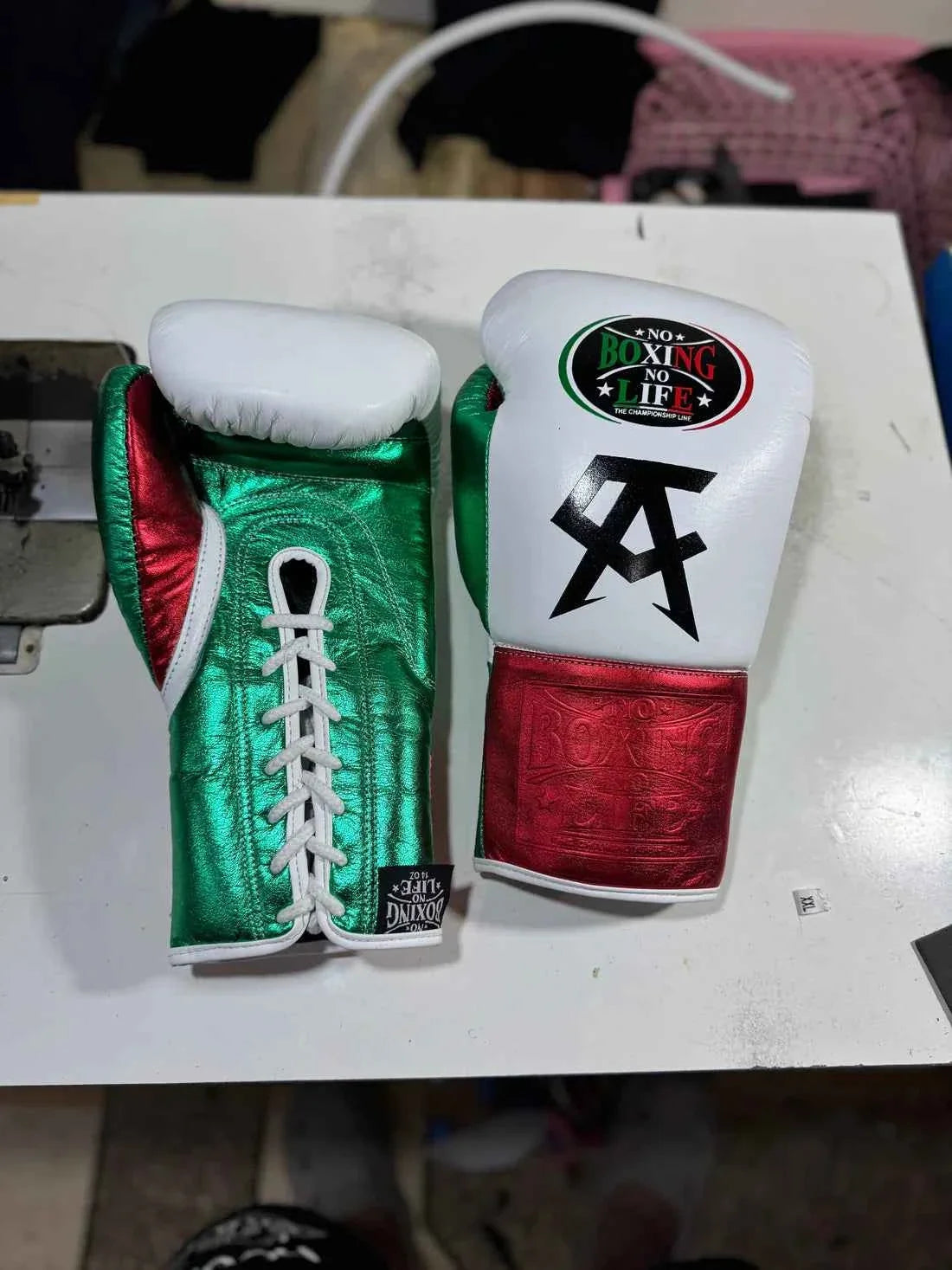 No Boxing No Life Custom Gloves - CA Mexican Flag Edition (White/Green/Metallic Red) - PunchPro Boxing