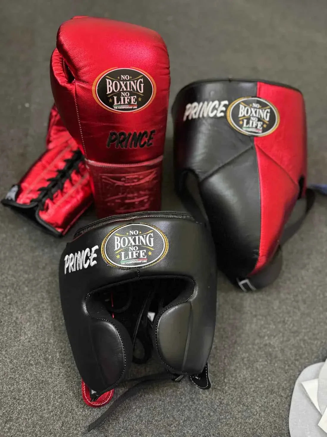 No Boxing No Life Training Set - Professional Custom Gloves, Headguard, and Groinguard in Metallic Red & Stealth Black - PunchPro Boxing