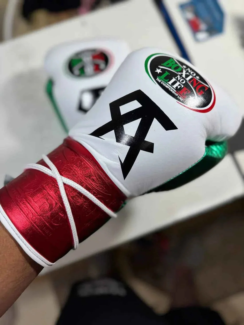 No Boxing No Life Custom Gloves - CA Mexican Flag Edition (White/Green/Metallic Red) - PunchPro Boxing