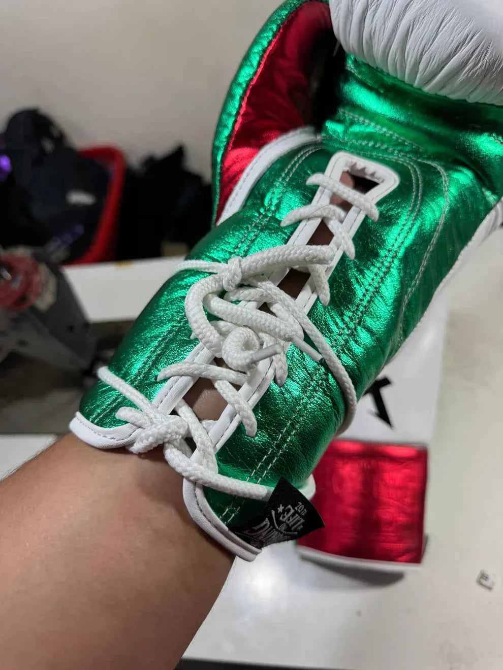 No Boxing No Life Custom Gloves - CA Mexican Flag Edition (White/Green/Metallic Red) - PunchPro Boxing