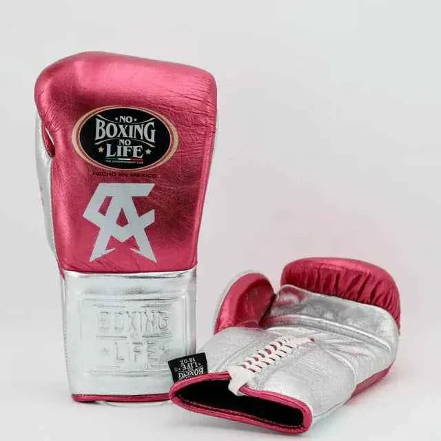 No Boxing No Life Lace-Up Gloves - Metallic Pink & Silver CA Custom Edition - PunchPro Boxing