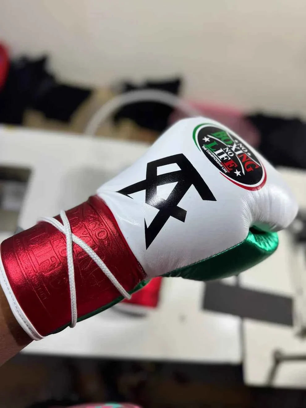 No Boxing No Life Custom Gloves - CA Mexican Flag Edition (White/Green/Metallic Red) - PunchPro Boxing