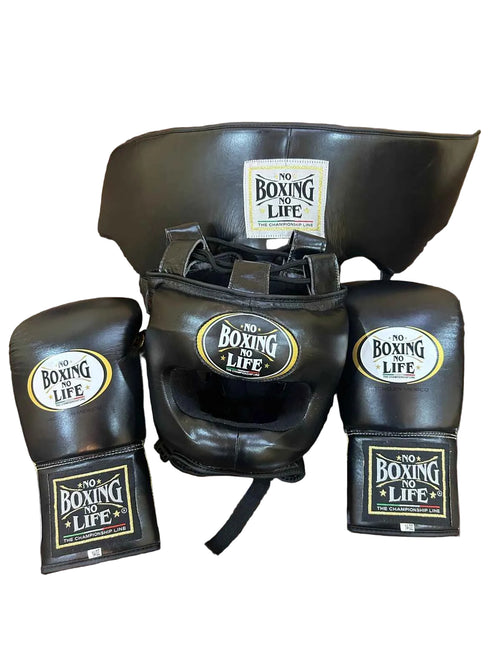 No Boxing No Life All-Black Complete Boxing Set (8oz–20oz) – Gloves, Headgear & Groin Guard for Professional Training & Sparring - PunchPro Boxing