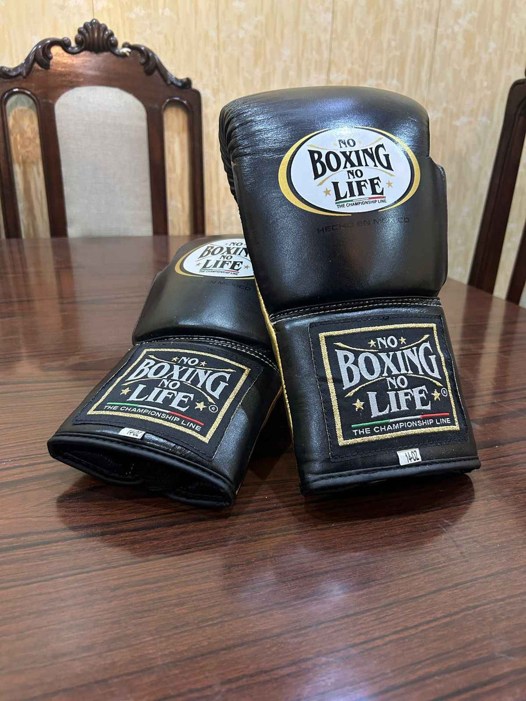 No Boxing No Life Boxing Gloves - Professional Lace-Up Black & Metallic Gold Edition - PunchPro Boxing