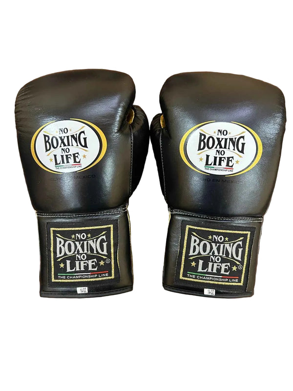 No Boxing No Life Boxing Gloves - Professional Lace-Up Black & Metallic Gold Edition - PunchPro Boxing