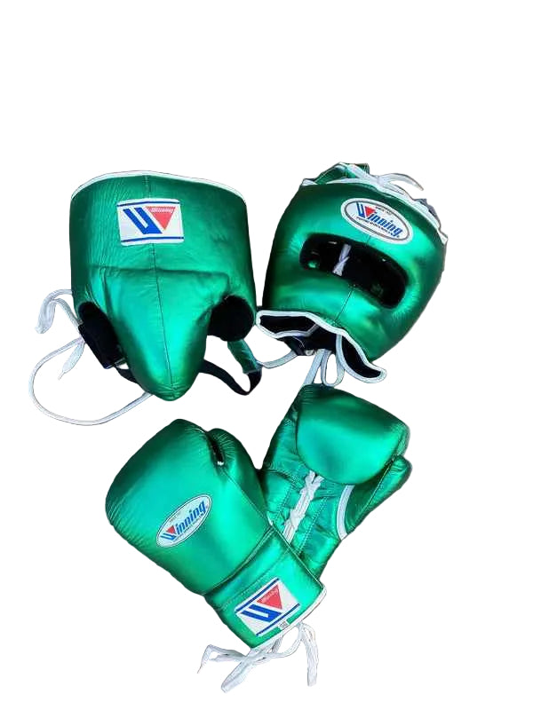 Winning Professional Boxing Training Set - Custom Metallic Green (Headgear & Groin Guard) - PunchPro Boxing