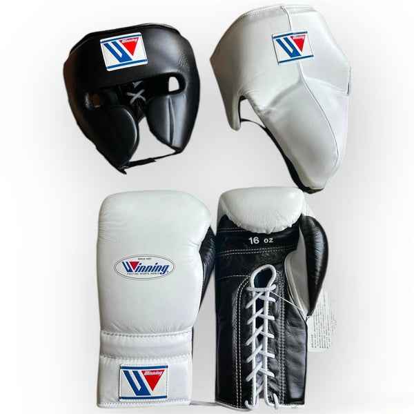Winning Professional Boxing Training Set - Custom White & Black Gloves, Headgear & Groin Guard for Ultimate Performance - PunchPro Boxing