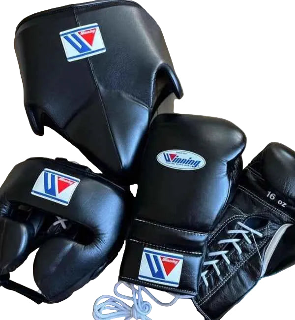 Winning Black Training Boxing Set - Lace-Up Boxing Gloves 16oz, Headgear, Groin Protector | Premium Japan-Made Gear - PunchPro Boxing