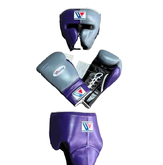Winning Professional Boxing Training Set - Custom Purple & Metallic Silver (Gloves, Headgear & Groin Guard) - PunchPro Boxing