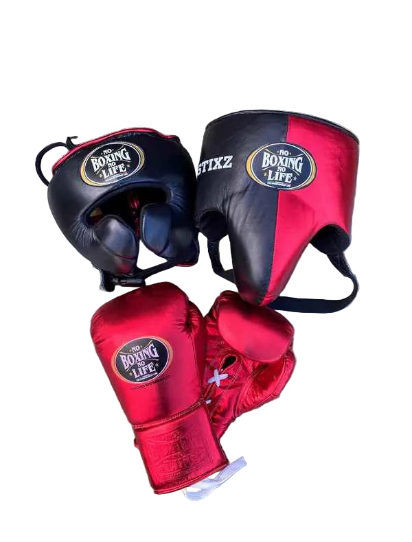 No Boxing No Life Boxing Set – Red & Black Gloves, Headgear & Groin Protector | Professional Training & Sparring Gear (8oz–16oz Gloves) - PunchPro Boxing