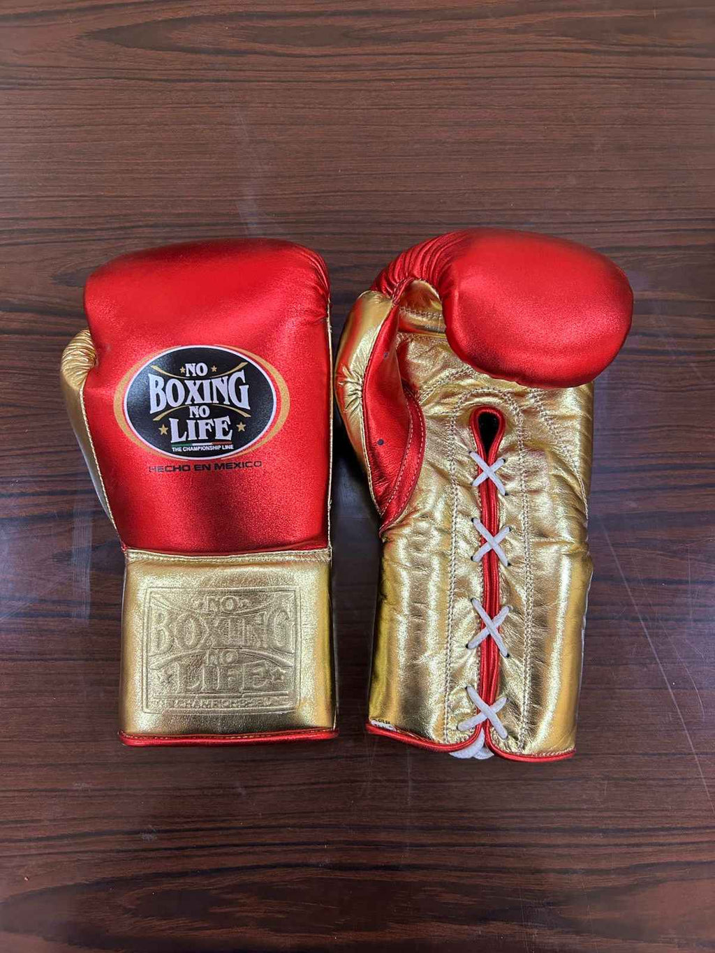 No Boxing No Life Boxing Gloves - Metallic Red & Gold Edition - Professional Lace-Up Design - PunchPro Boxing