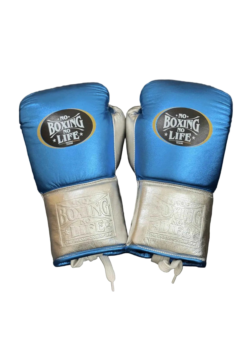 No Boxing No Life Professional Lace-Up Boxing Gloves - Metallic Blue & Silver Edition - PunchPro Boxing