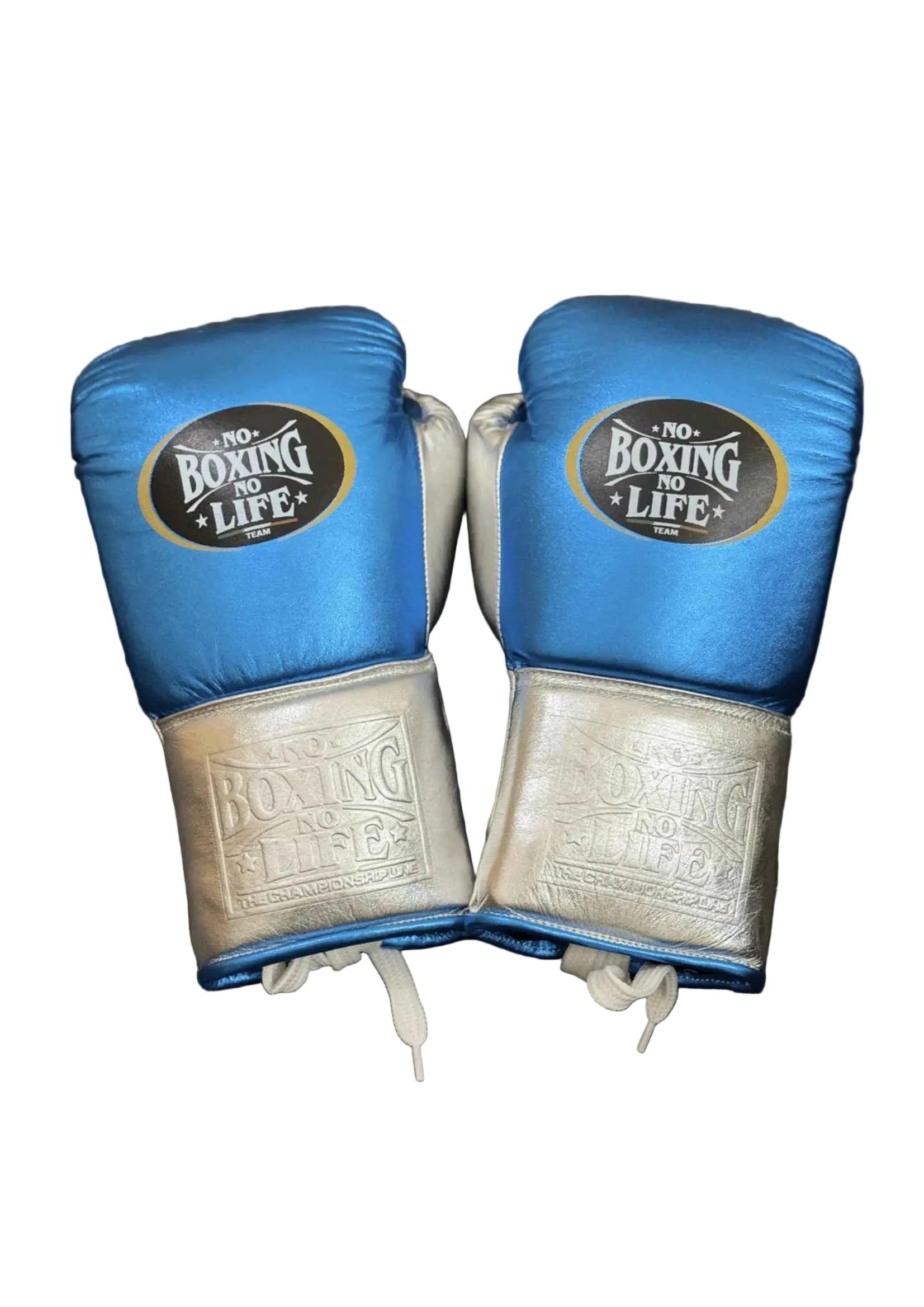 No Boxing No Life Professional Lace-Up Boxing Gloves - Metallic Blue & Silver Edition - PunchPro Boxing