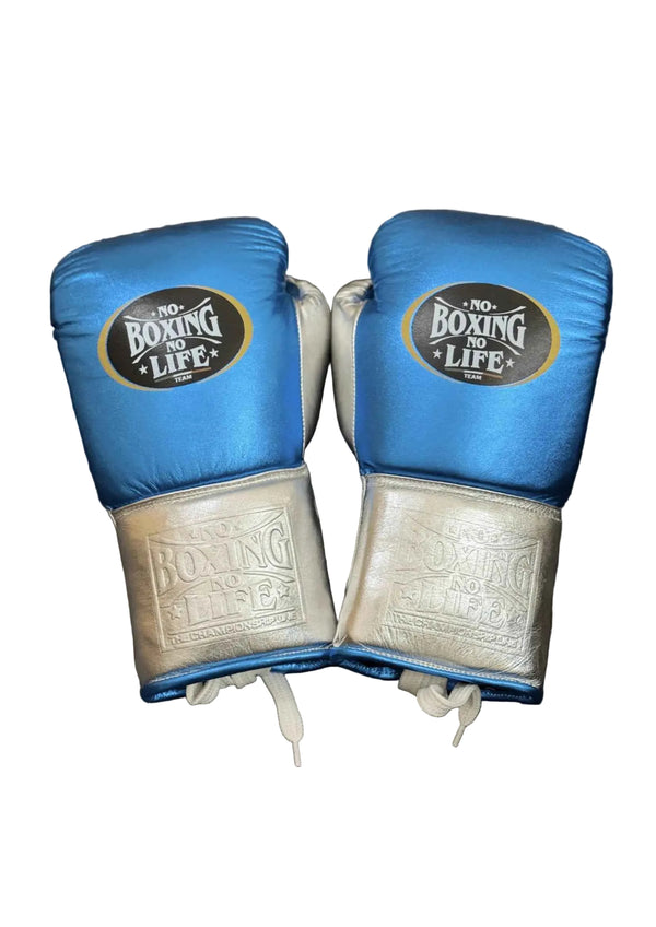 No Boxing No Life Professional Lace-Up Boxing Gloves - Metallic Blue & Silver Edition - PunchPro Boxing
