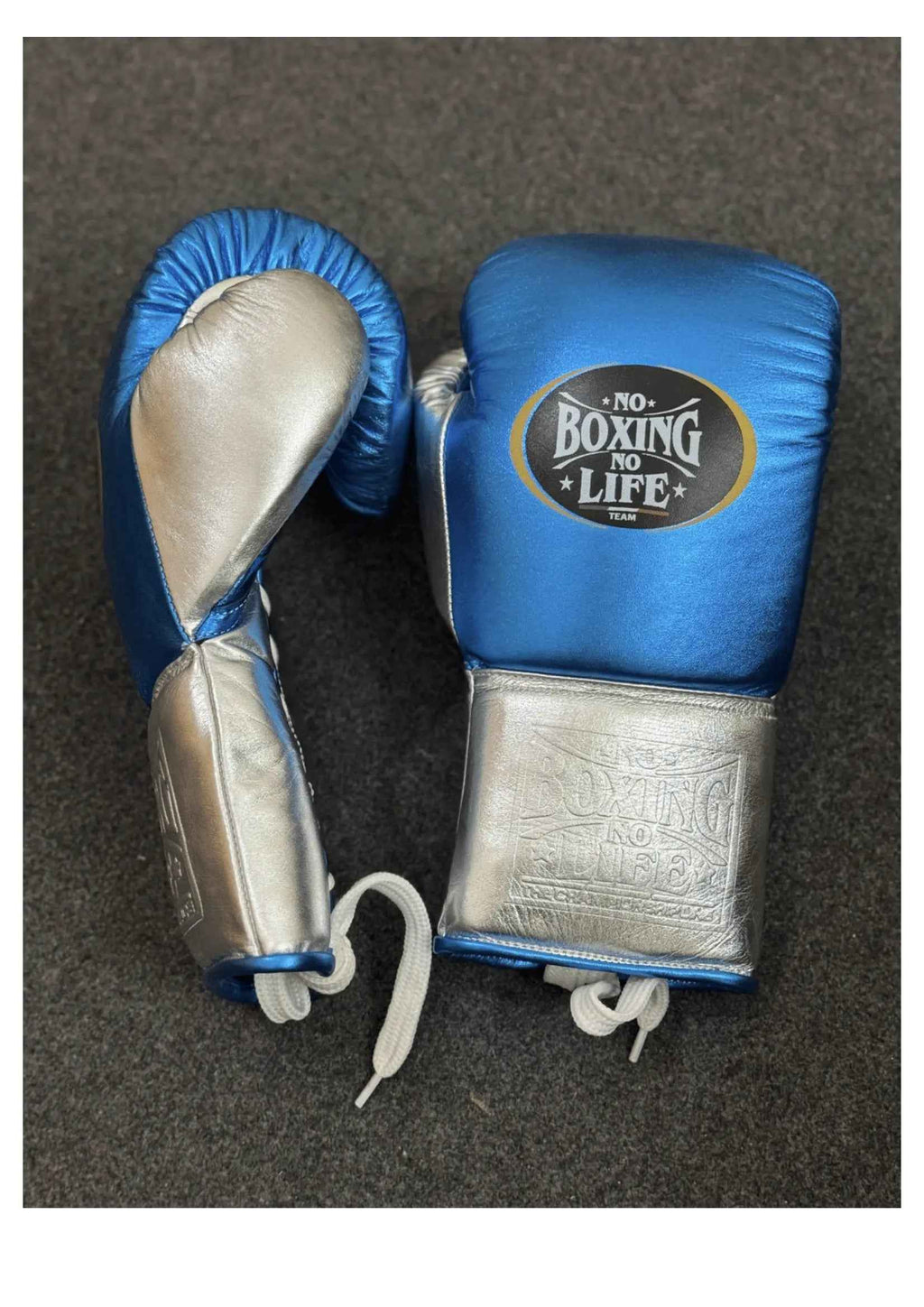 No Boxing No Life Professional Lace-Up Boxing Gloves - Metallic Blue & Silver Edition - PunchPro Boxing