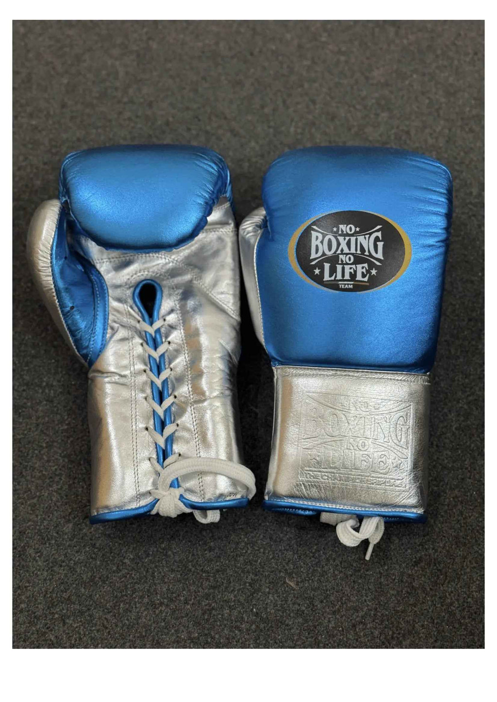 No Boxing No Life Professional Lace-Up Boxing Gloves - Metallic Blue & Silver Edition - PunchPro Boxing