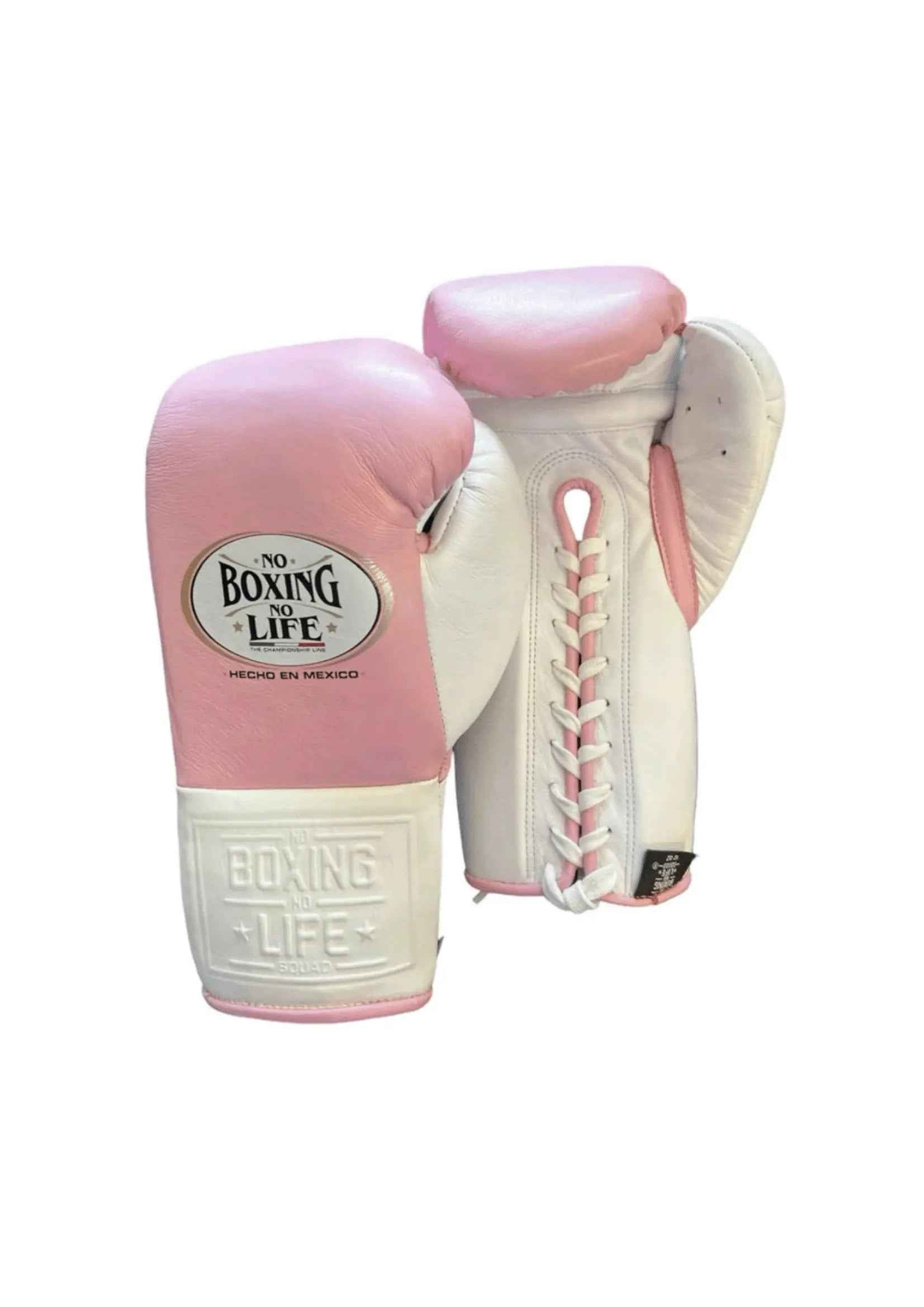 No Boxing No Life Pink & White Lace-Up Boxing Gloves | Professional Mexican Training & Sparring Gloves - PunchPro Boxing